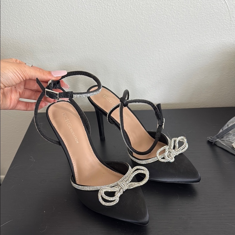 BCBGMaxAzria Black and Silver Heels with Stiletto Design